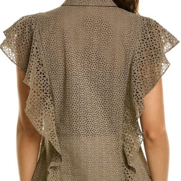 Theory Cotton Eyelet Ruffle Button up Top in Willow Shirt Petite - Picture 2 of 4